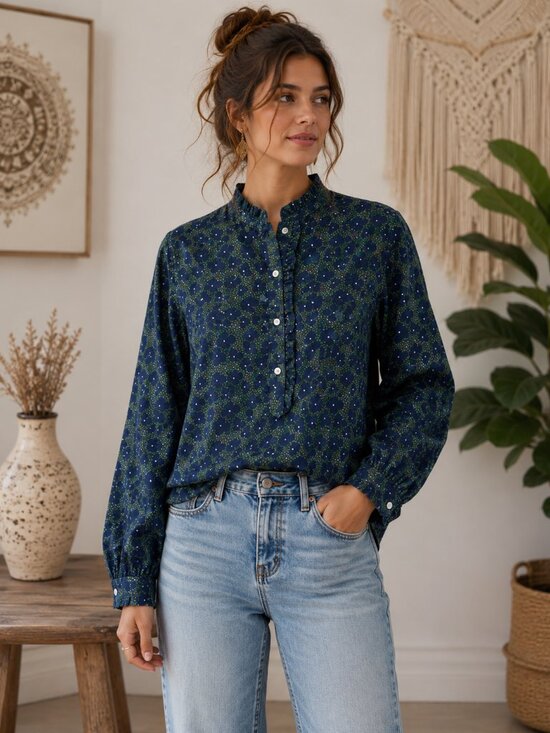 Birds Of Paradise Tops - Birds Of Paradis By Travota Floral Blouse in Navy Fleur Sz XS